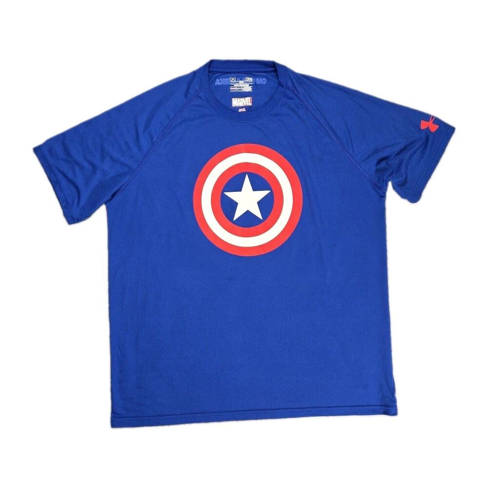 Mens Under Armour Captain America T Shirt  Blue Graphic Marvel HeatGear Large